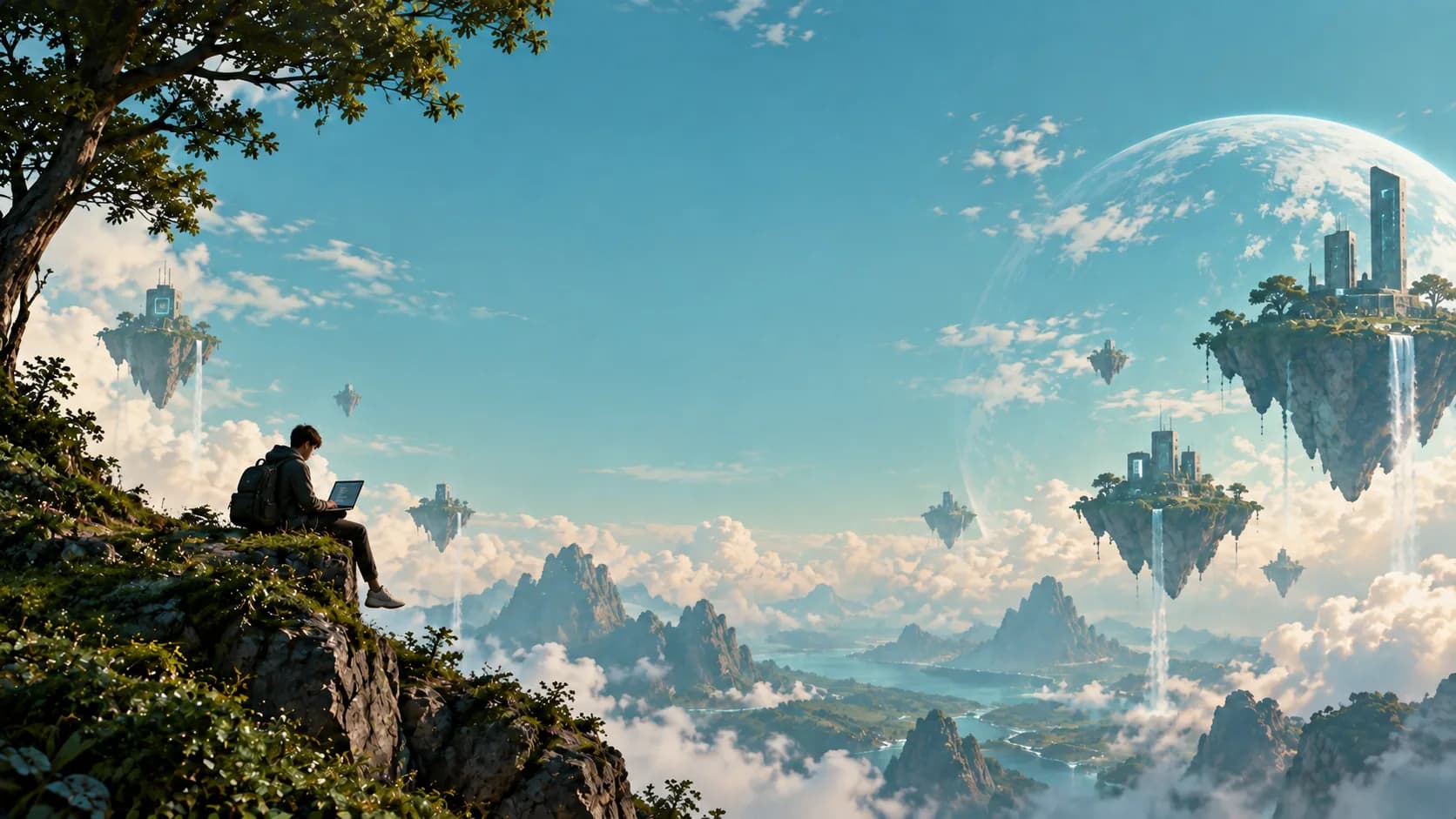 A student coding on a laptop from a cliff overlooking floating islands above the clouds